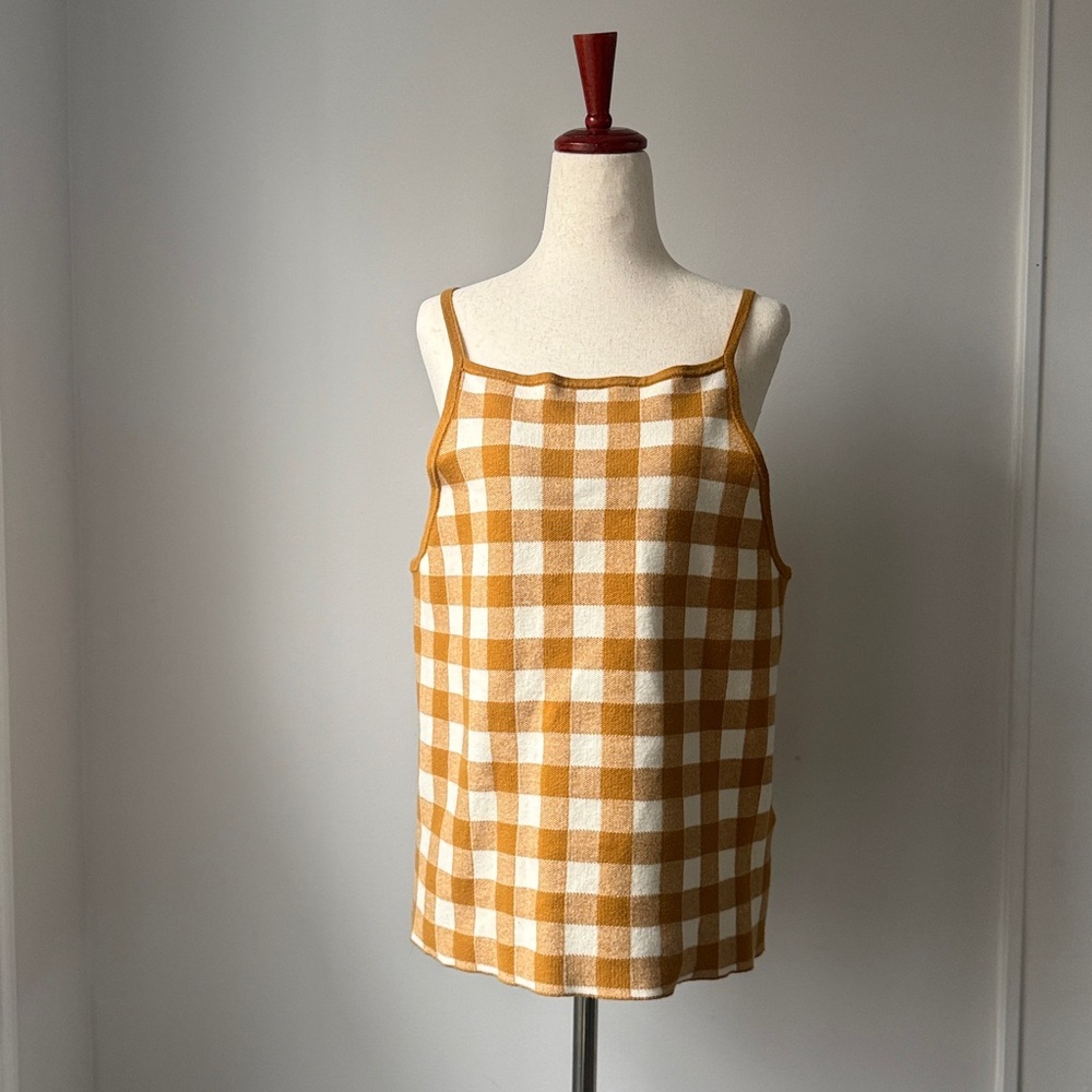 Madewell Gingham Sweater Tank Brown and Cream Cotton Casual Preppy